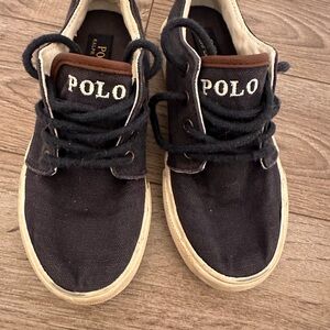 Kids Polo by Ralph Lauren Black Canvas Boat Shoes with Brown leather Trim size13